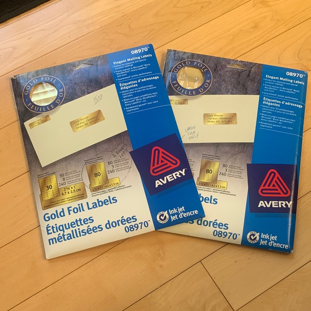 gold metallic labels by Avery for address and return address.